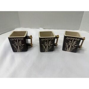Set of 3 Square‎ Espresso Cups Brown White Bamboo Design Gold Handle